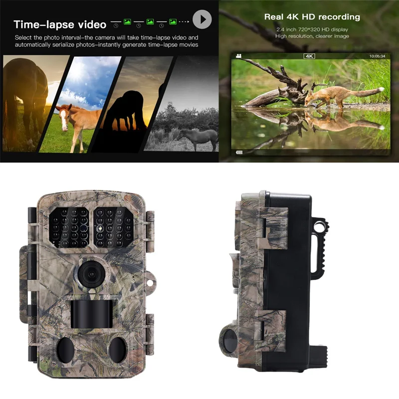 Hunting Trail Camera 4K 3 PIR Speed 0.2sec Wide angle lens 120 degrees Image 48 MP 36pcs IR lamps IP67 Waterproof