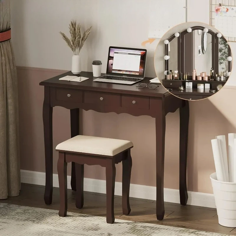 Vanity Desk, Makeup Vanity Set with Lighted Mirror and Stool, Dressing Table with 5 Drawers, 3 Light Settings & Adjustable