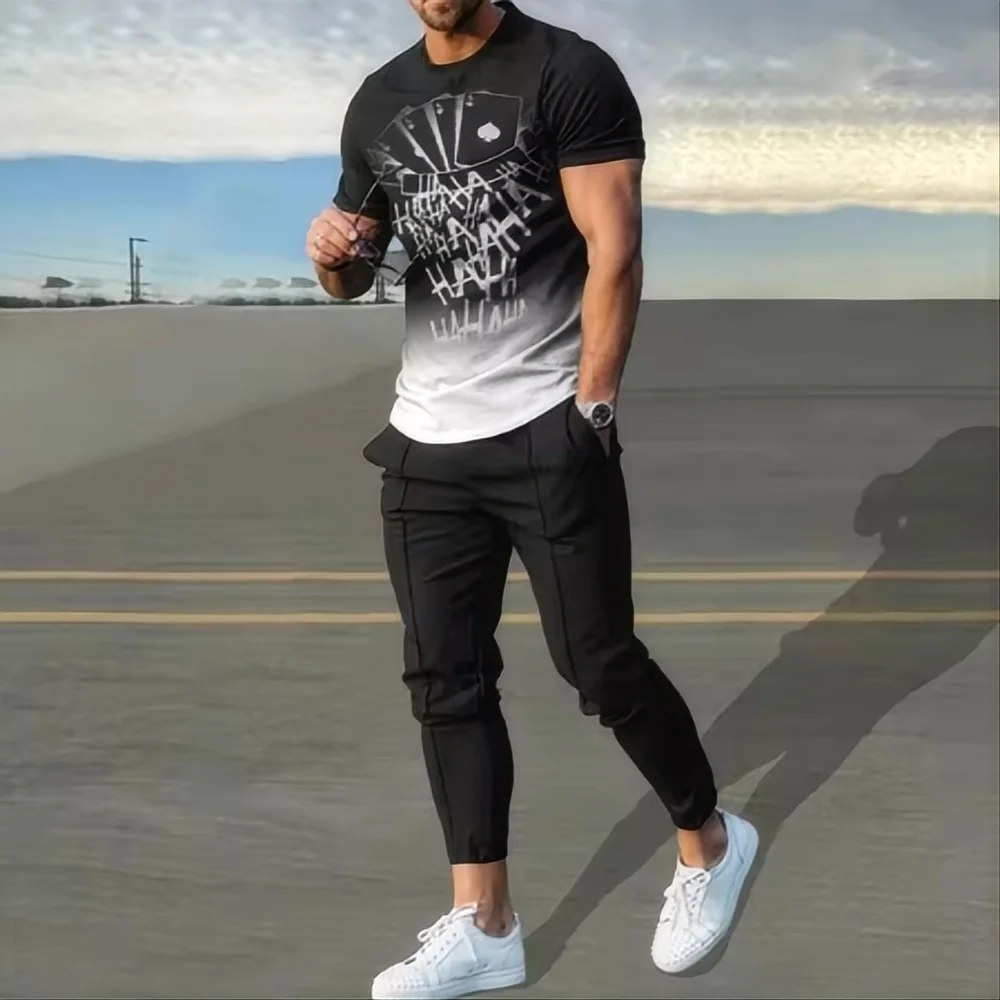 Summer men\'s sportswear set short sleeved T-shirt long pants two-piece set men\'s sportswear 3D printed casual trend oversized