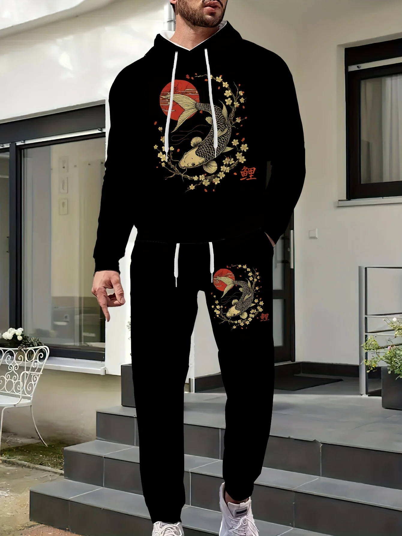 

2025Fashion Y2K осенне-зимняя толстовка с капюшоном в японском стиле золотой рыбки с 3D принтом, одежда, спортивный костюм, комплект из двух предметов, уличный комплект