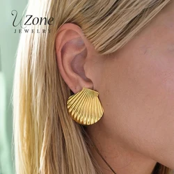 UZone Simple Textured Shell Earrings for Women Stainless Steel Statement Gold Color Big Shell Stud Earrings Waterproof Jewelry