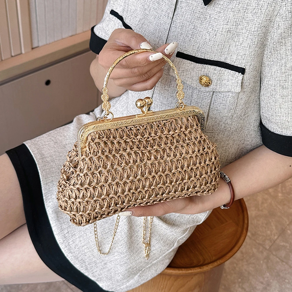 Women Exquisite Evening Bag Gold Chain Party Banquet Purse Hand Woven Straw Handbag Female Clutch Bag Shoulder Crossbody Bags