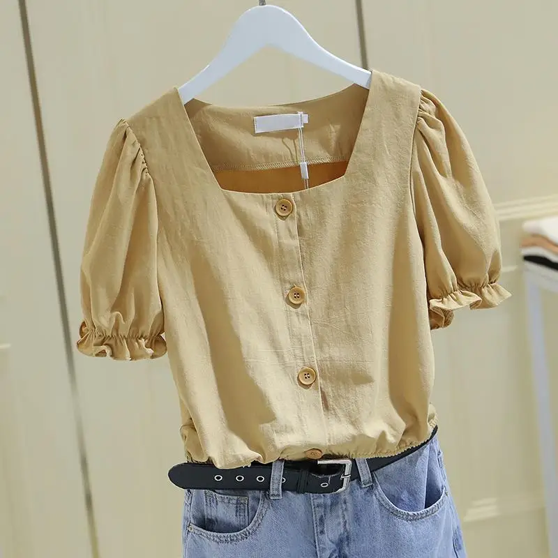 2025 Summer New Style of Loose Puff Sleeve Waist Top Square Collar French Shirt for Women