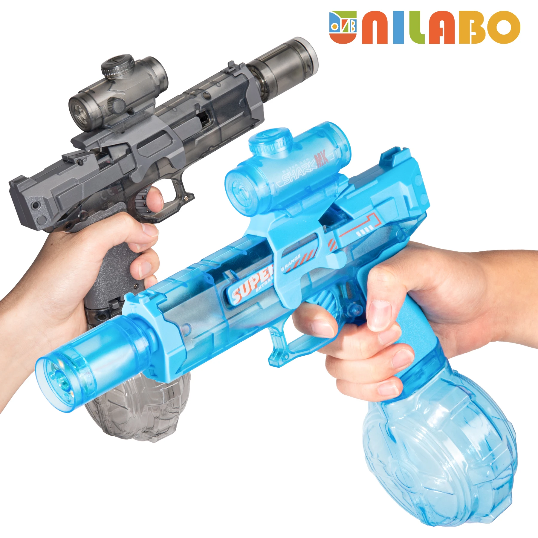 ユニラボ 電動水鉄砲、ハイパワー プレイサイレンサー、大容量、ビーチプール夏の楽しみ、夜間バトル、究極の夏の贈り物