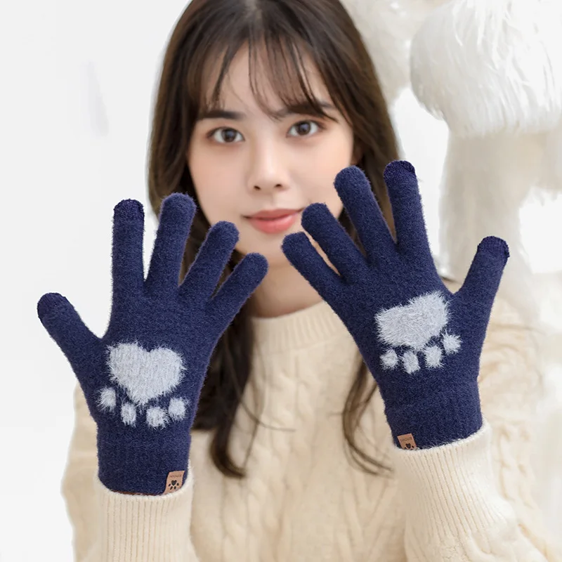 Women\'s Knitted Winter Cute Touchscreen Gloves Soft Mink Hair Autumn Warm Thick Gloves Cute Cat Paw Pattern Girls Gloves Gifts