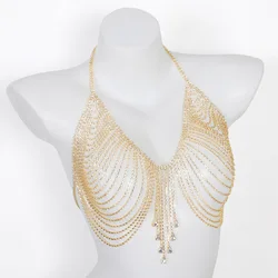 Fashionable Water Droplet Tassels Light Luxury Style Striped Rhinestone Chest Chain Ladies' Body Chain Jewelry