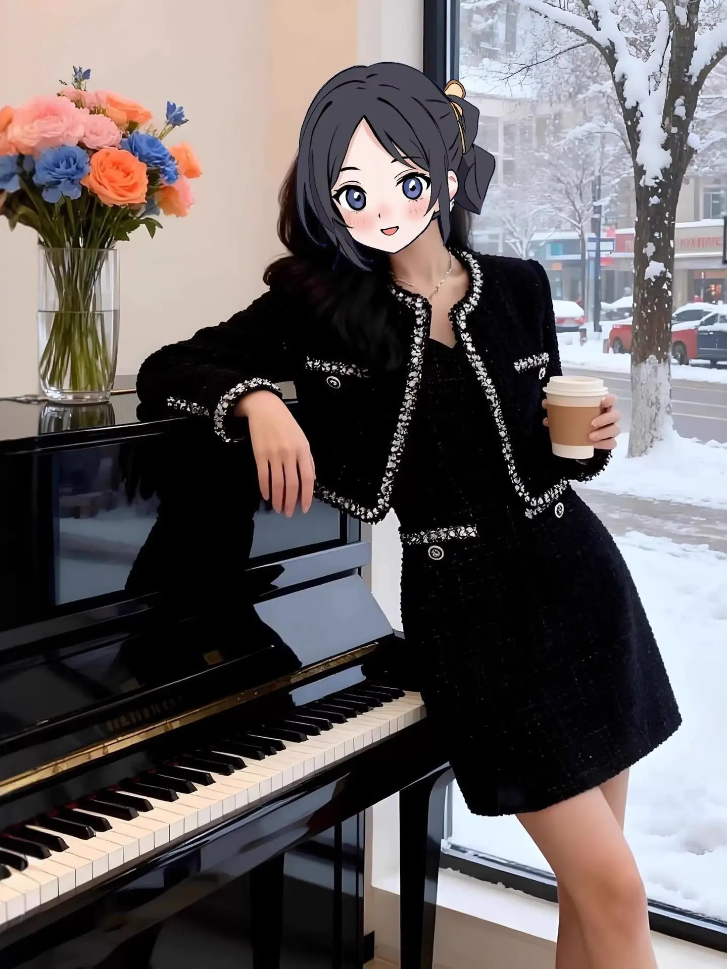 

Elegant Black Two-Piece Set Short Dress And Coat for Women Stylish Spring Autumn Outfit Ladylike And Sophisticated