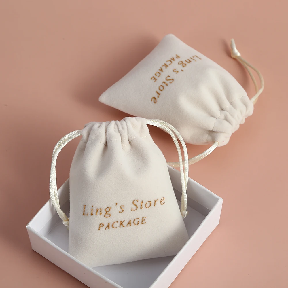 

50Pcs Personalized Logo Beige Jewelry Drawstring Bag Thick Velvet Pouch Boutique Cosmetic Wedding Favors Candy Organizer Pockets
