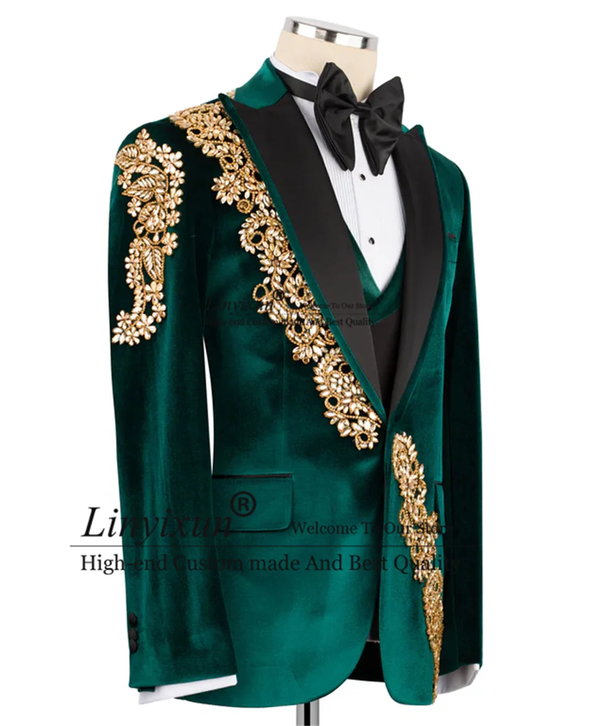 موضة المخملية الرجال البدلة 3 قطعة مجموعات الذكور حفلة موسيقية الحلل مخصصة الزفاف العريس البدلات الرسمية مجوهرات الماس زي أوم الزي