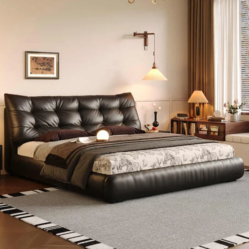 Modern simple master bedroom black leather bed storage high box wedding bed double  1.8 meters soft bag