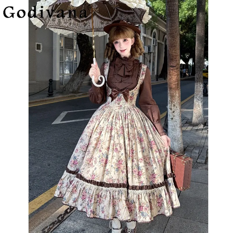 

Japanese Original Lolita Design, Vintage Retro Elegant JSK Dress Cute Doll-like Bow Floral Print Sleeveless Strap Women's Dress