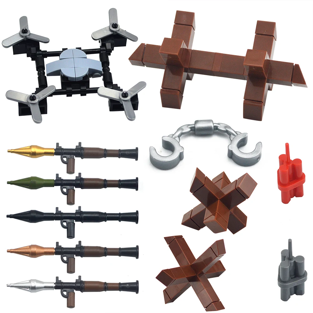 MOC Military Weapon Guns WW2 Building Blocks Figures Accessories Roadblock Soldier Mini Gun Rocket Bullet Drone Plane Toys Gift