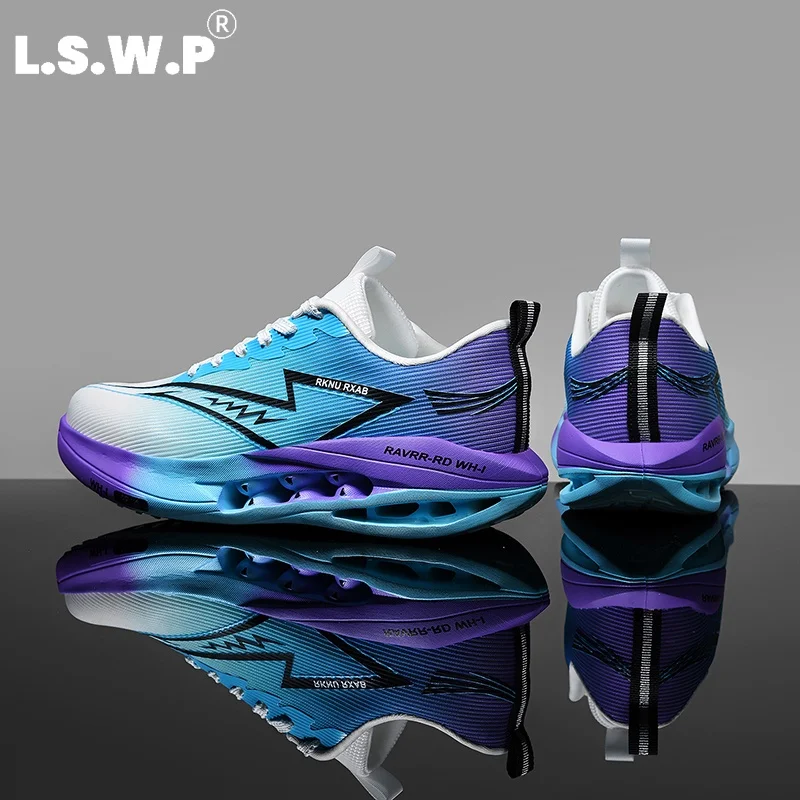 Men's Running Shoes, Tennis Shoes, Professional Racing Shoes for Men and Women, Gradient Vertical Stripe Fly-Knit Breathable Upper, Hollow High-Elastic Thick Sole for Shock Absorption, Non-Slip, Wear-Resistant, Lightweight Jogging Shoes, Marathon Training and Fitness Sports Shoes