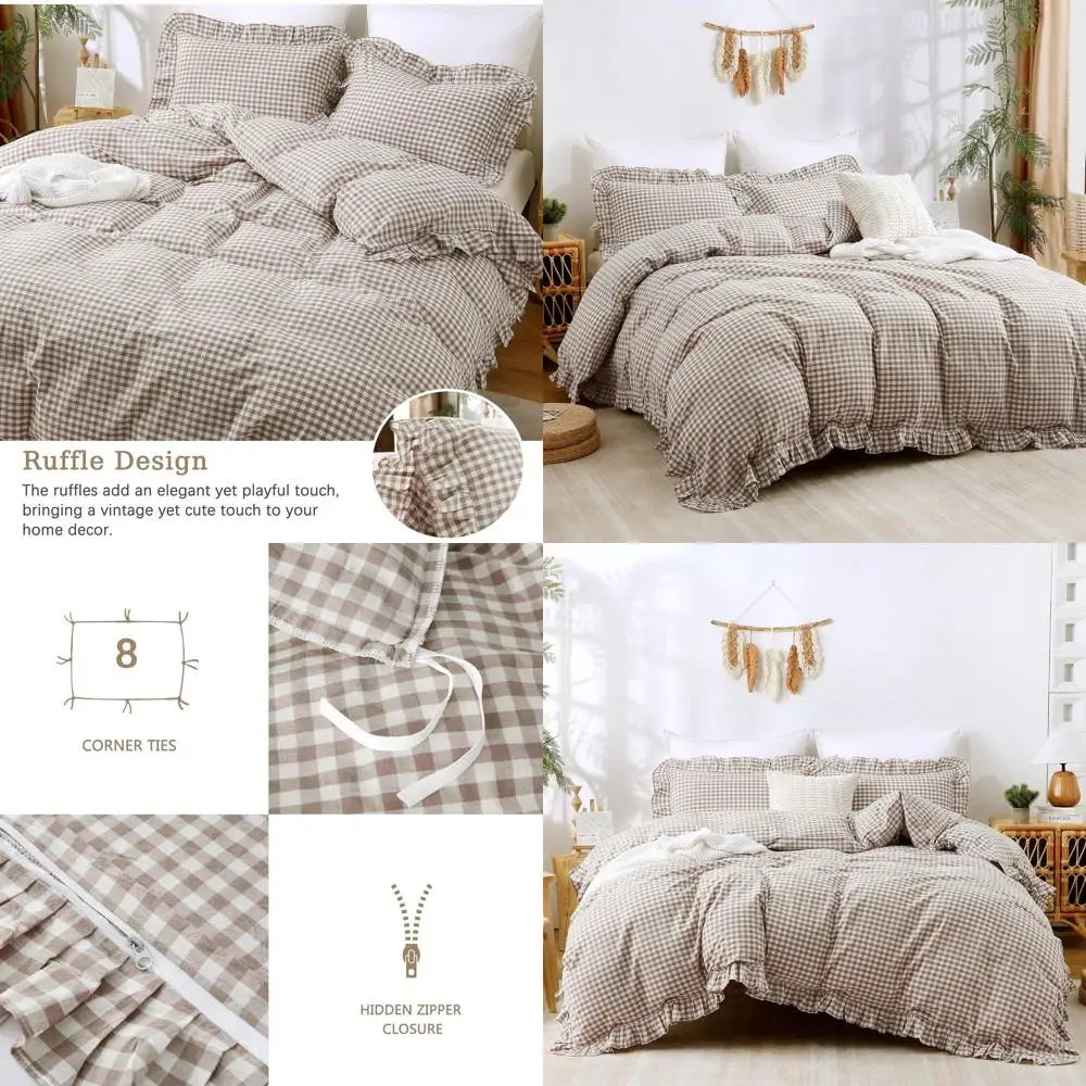 

King Size 100% Cotton Plaid Ruffle Duvet Cover Set, Soft Linen-Like Texture, 3-Piece (104x90, Comforter Not Included)