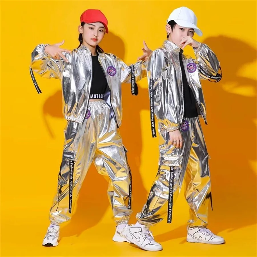 

Hip Hop Boys Silver Jacket Girls Jazz Jogger Pants Street Dance Mini Skirt Clothes Sets Kids Sequin Costumes Child Streetwear