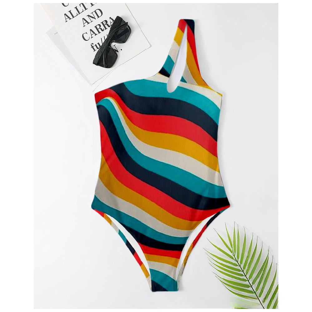 One Piece Sexy Swimsuit Wave Stripes High Waist Pattern Printed Casual Multicolor Swimwear Swimming Sportswear Women Clothing