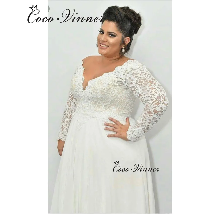 Vestido de novia personalizado con cuello en V y mangas largas de talla grande, vestidos de novia de tul de encaje a la moda de Sudáfrica 2025 para Pregent W1366