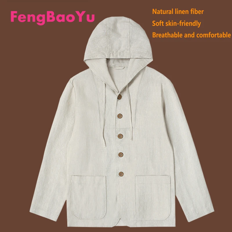 

Fengbaoyu High-end Linen Men's Hooded Jacket for Outdoor Travel Leisure Wear Loose Fit, Large Size, Breathable Sweat-Wicking