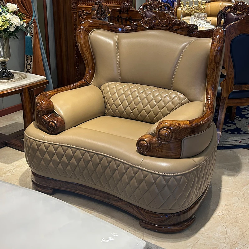 

European-style solid wood sofa combination 123 villa living room carved luxury sofa leather hardware wood large sof