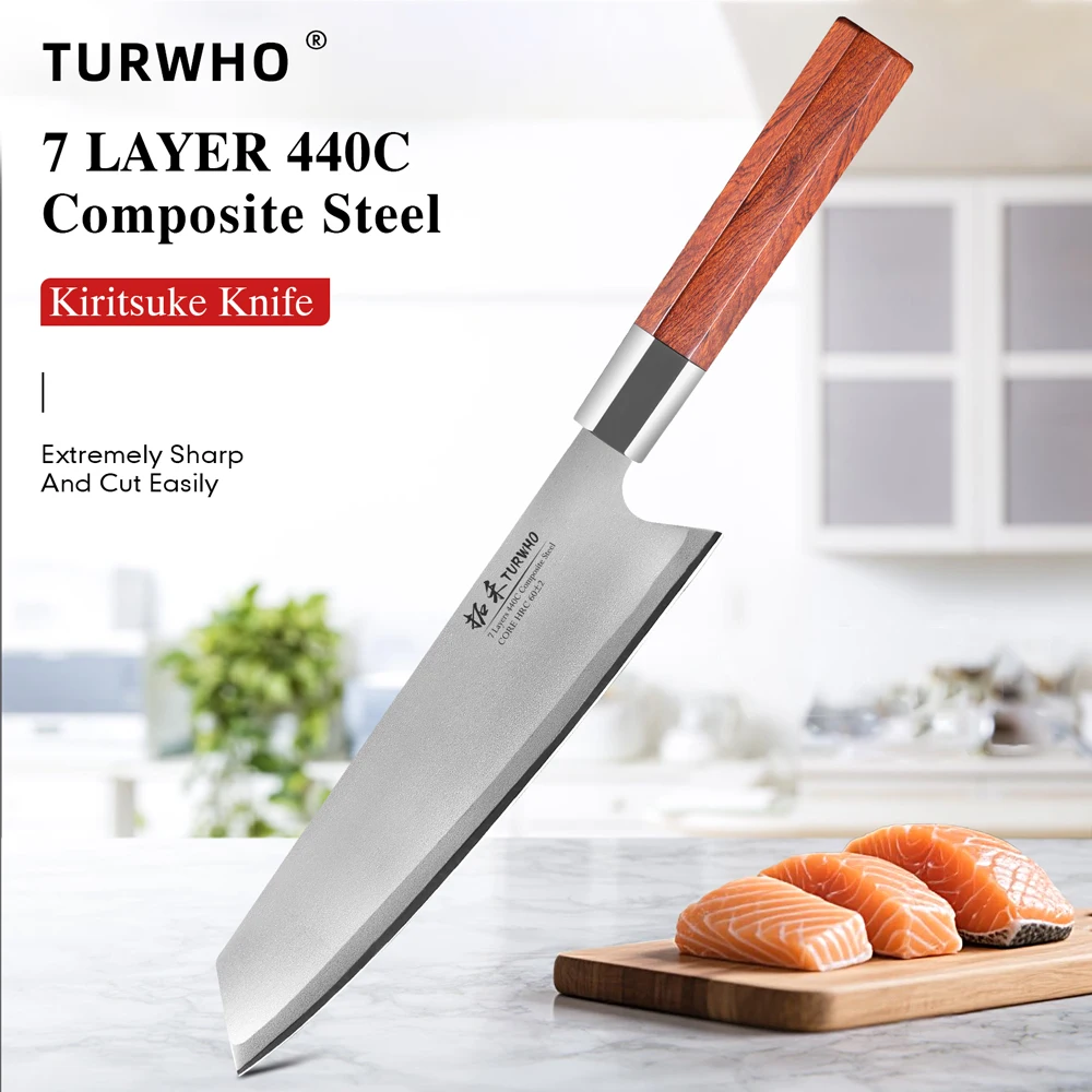 

TURWHO 8-inch Japanese Chef Knife 7-Layer 440C Composite Steel Kitchen Knives Handmade Kiritsuke Bunka Knives Octagonal Handle