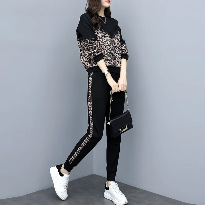 Fashion 2 Piece Sets Womens Outfits Leopard Pattern Hoodies Pullover And Pants Women\'s Tracksuit Elegant Winter Two Piece Set