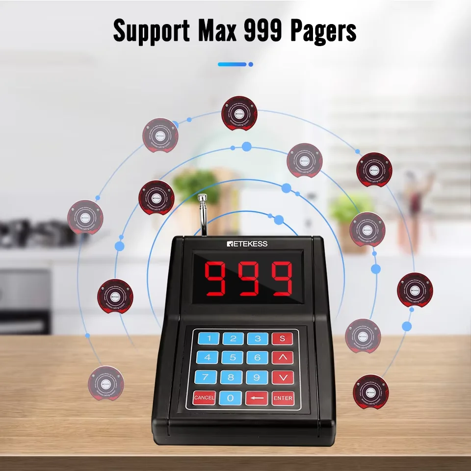 Retekess TD165 ร้านอาหาร Pager Wireless Calling System 2 คีย์บอร์ด 30 Coaster Buzzer Bell สําหรับ Cafe อาหาร Court Bar โรงแรม