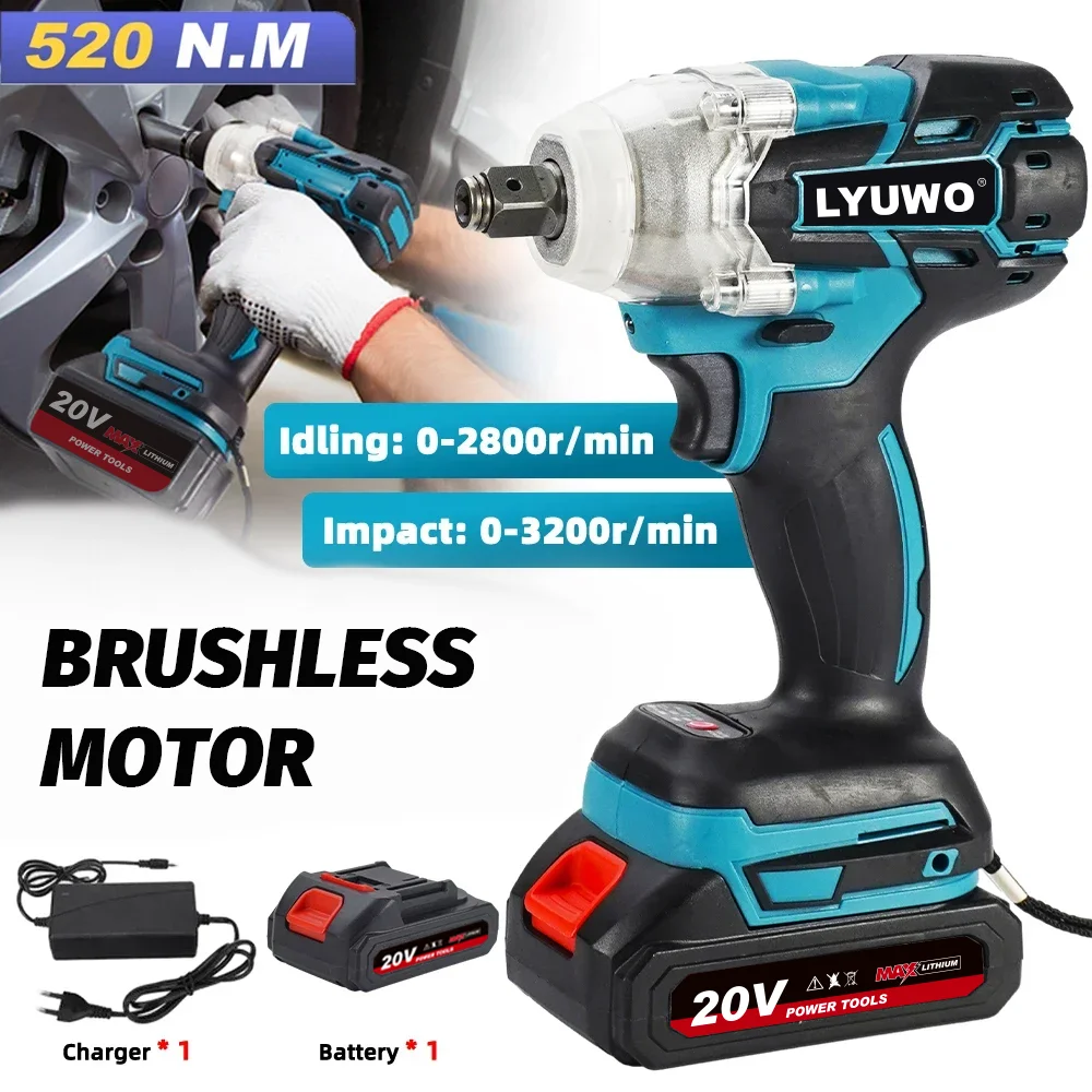 

LYUWO 520N.m For Makita 388V Battery Cordless Electric Impact Wrench Brushless Electric Wrench Hand Drill Socket Power Tool