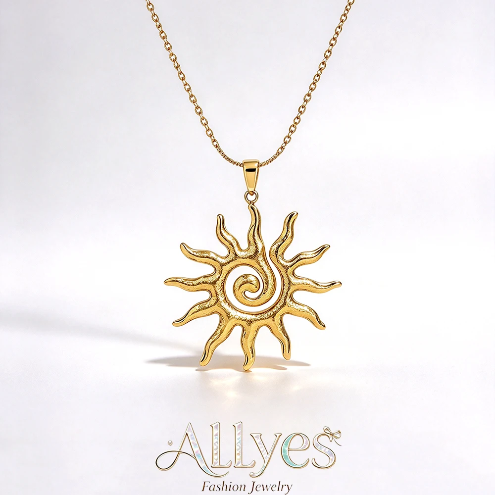 Ethnic Spiral Sun Pendant Necklace for Women Men Vintage Geometric Gold Plated Stainless Steel Necklaces Waterproof Jewelry