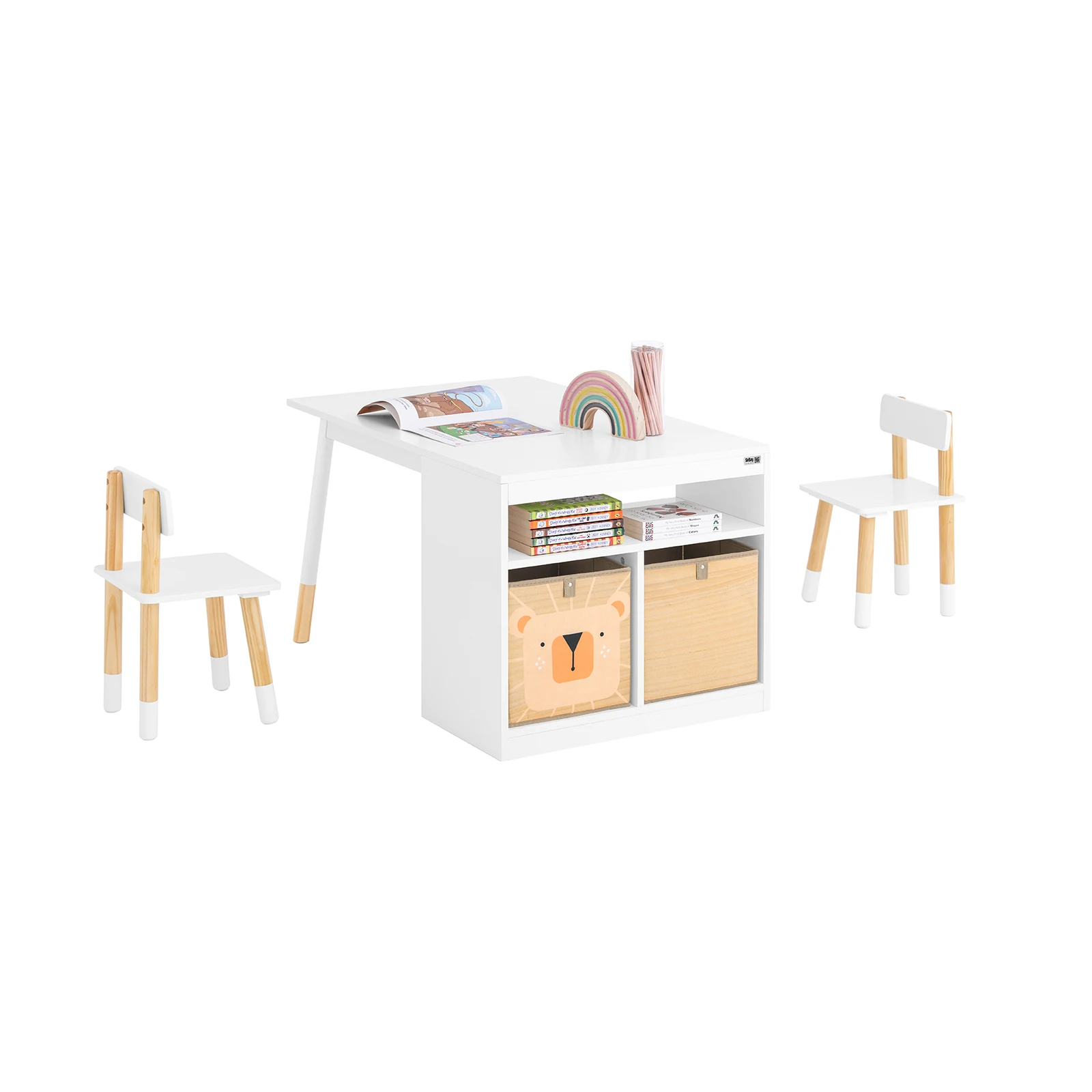 SoBuy KMB113-W Mesa infantil com 2 cadeiras Grupo de assentos infantis com armazenamento Playtable Mesa de atividades multifuncional para crianças