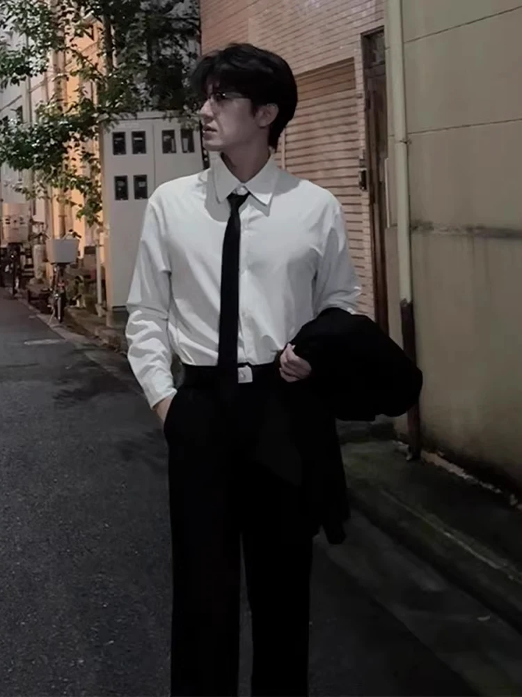 

White Long Sve Men's irt with Tie High-End Feeling DK orm Sle Youthful Trend Polyester Fiber Stand Fit Button D...