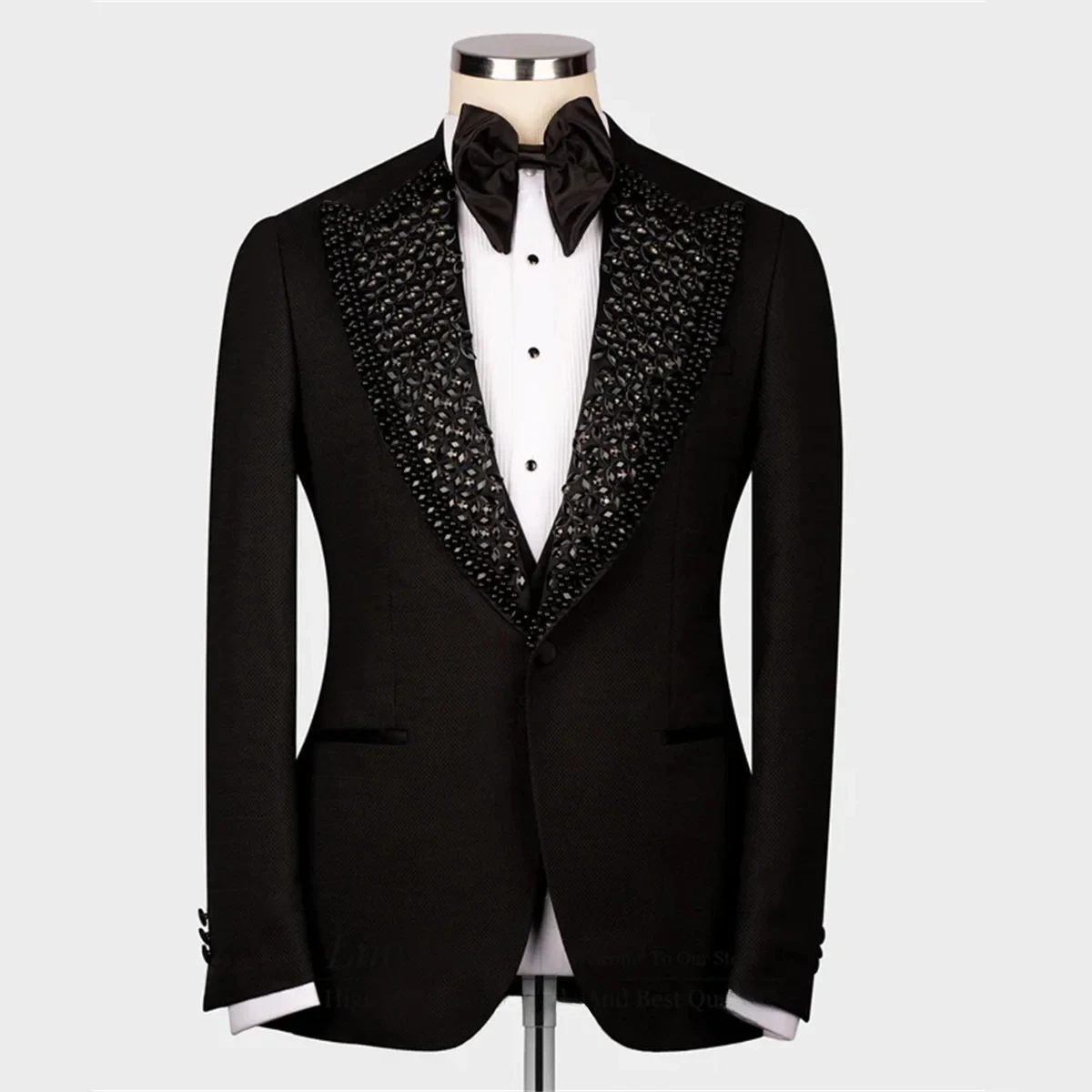 

Luxury Black Embroidery Beaded Men Suits Shiny Shawl Lapel Groom Wedding Tuxedos 2 Pieces Prom Blazers Customized Costume Homme