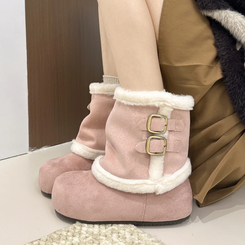 

Cute Fluffy Fur Pink Suede Snow Boots Women 2025 Winter Metal Belt Buckle Hidden Height Increasing Ankle Boots Woman's Y2K Shoes