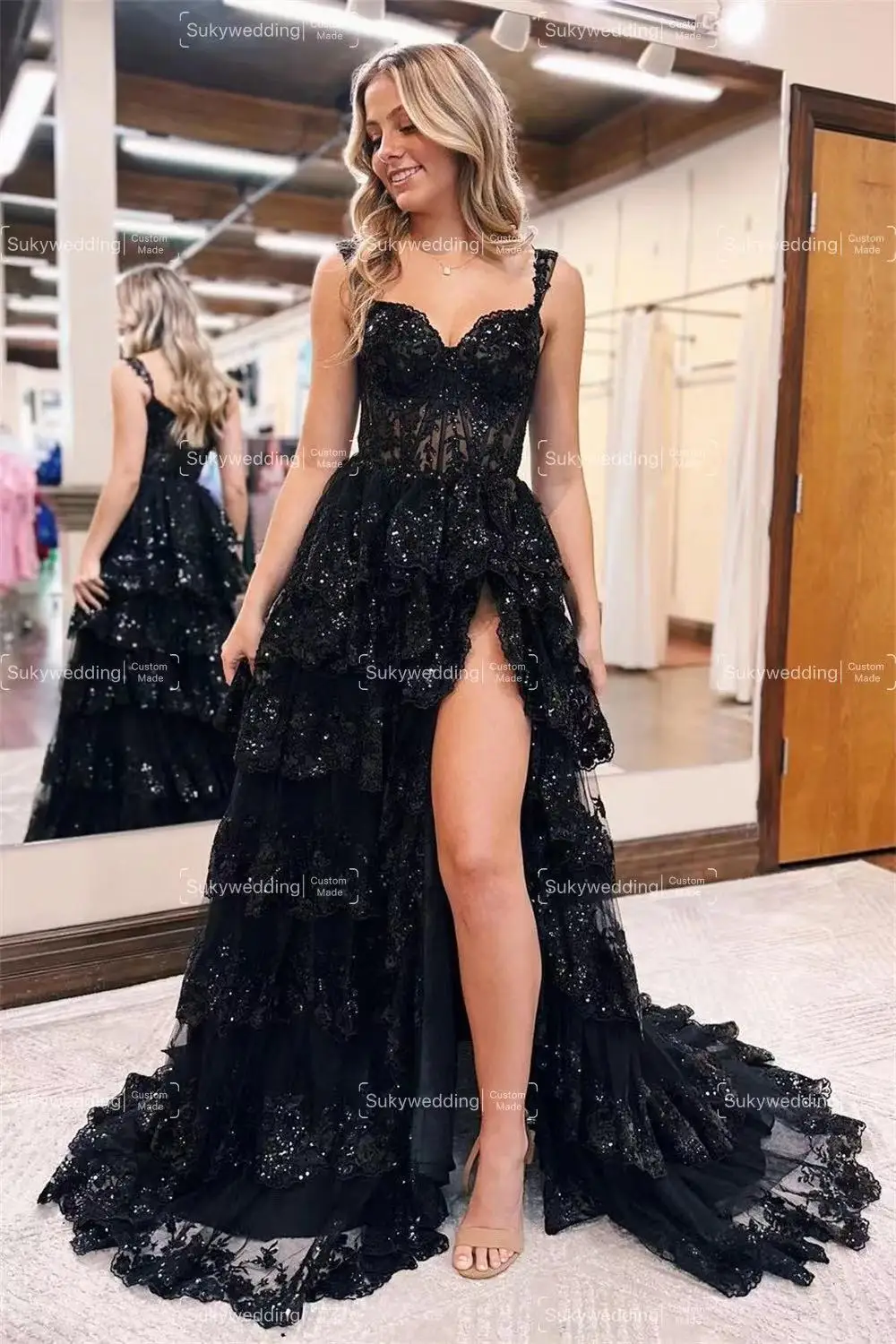 Sparky Black Layered Evening Dresses Sequins Lace High Slit Prom Gowns Tiered off-Shoulder Graduation Party  Gowns Customized