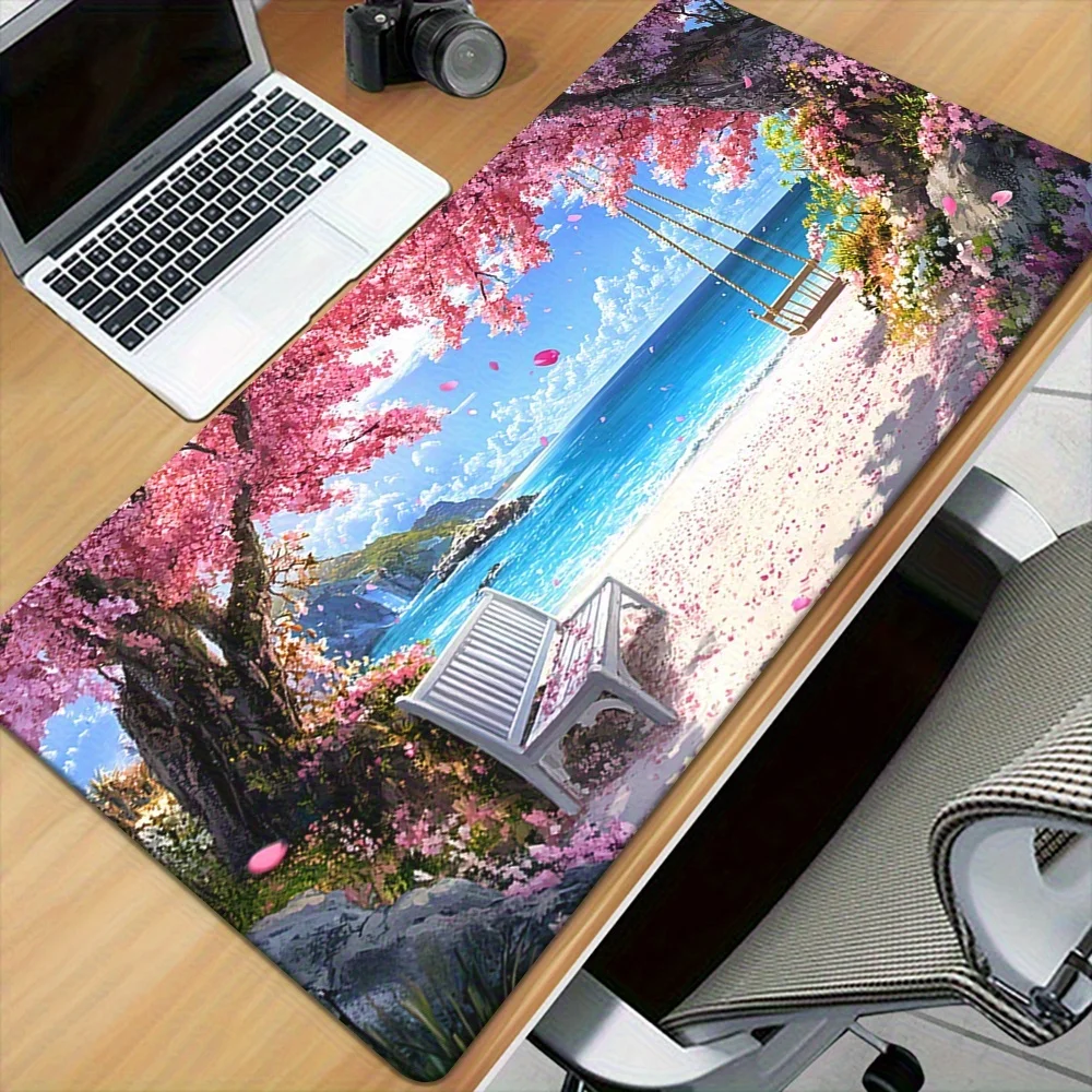 1-teiliges XXL-Mauspad mit Küstenlandschaft, lebendigem Strand- und Kirschblüten-Design, langlebige Schreibtischunterlage, multifunktionales Desktop-Pad