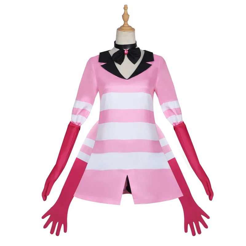 

Angel Dust Cosplay Fantasy Anime Cartoon Hotel Disguise Costume Gloves Bow Tie Pink Dress Outfit Women Halloween Roleplay Cloth