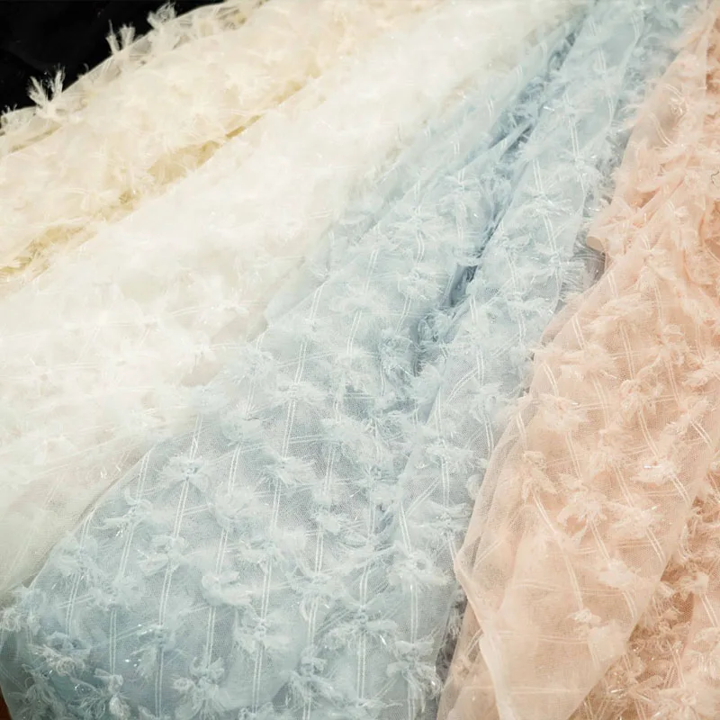 Bright Silk Striped Bow Embroidered Mesh Dress Embroidered Fabric Small Fresh and Slightly Transparent Wedding Decoration Fabric