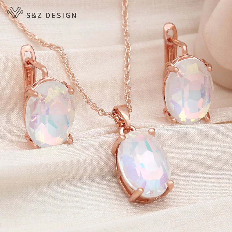 S&Z DESIGN New Fashion Oval Egg Shape Crystal Drop Earrings Jewelry Sets For Women Wedding Party Pendant Necklace Gift