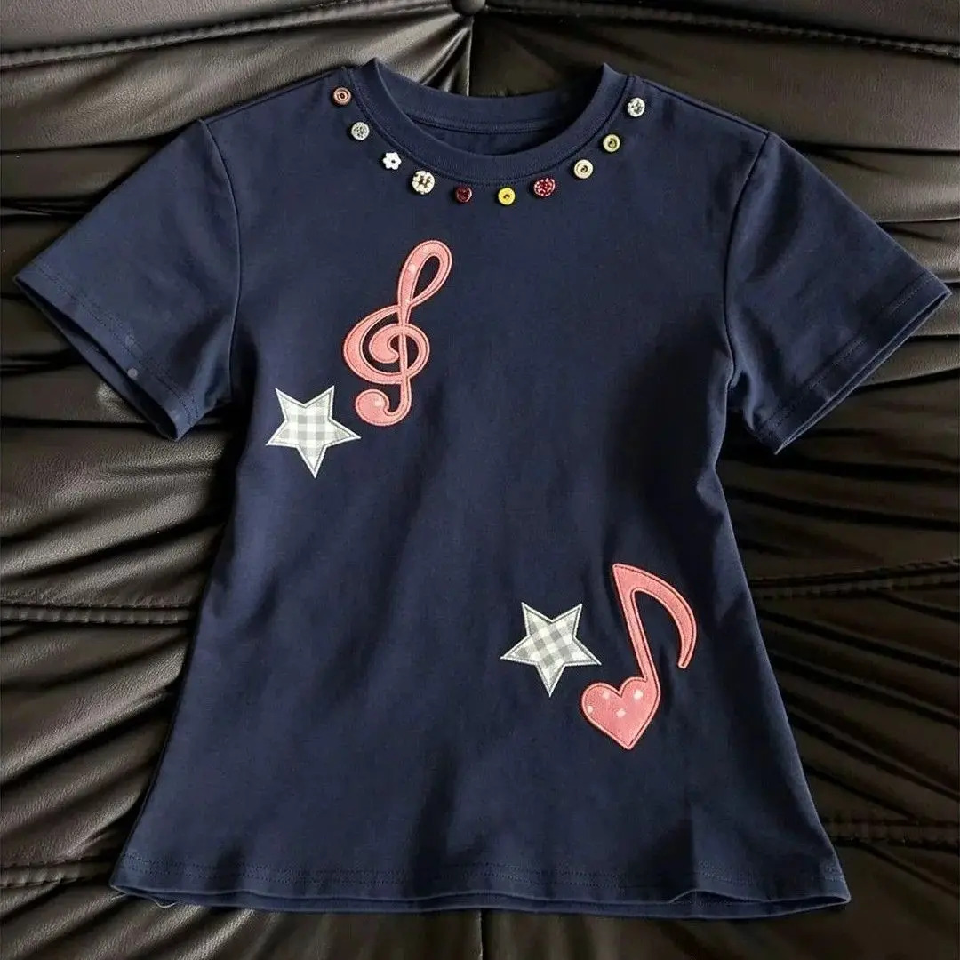 Music Note Star chic graphic T-Shirt with Colorful Button Collar sweet cute women japanese 2000s Coquette & Schoolgirl Aesthetic