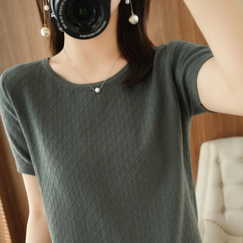 Women\'s T-shirt Spring/Summer 100% Cotton Sweater Short Sleeve Casual Solid Round Neck Ladies Tops Loose Blouse Pullover Tees