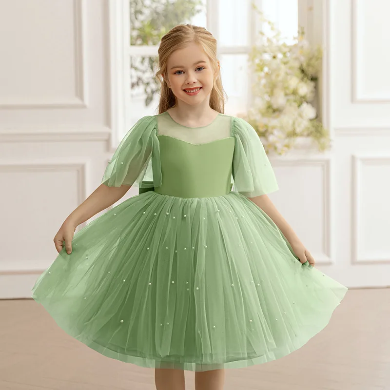 Abito elegante per ragazze Abito da principessa in tulle con fiocco grande e perle per bambini Abito da spettacolo per prima comunione, festa di compleanno, matrimonio