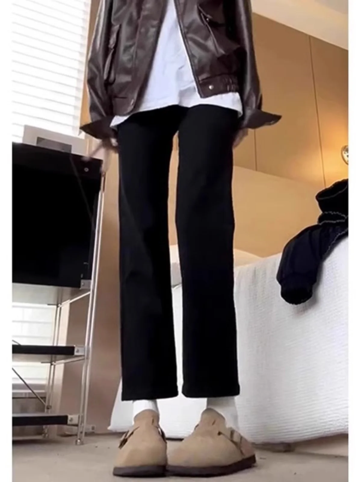 

High Waist Fce Lined Straight Leg Jeans Women's plus Size Nine Crop Bla Breadsti Pants Winter Slimming Effect