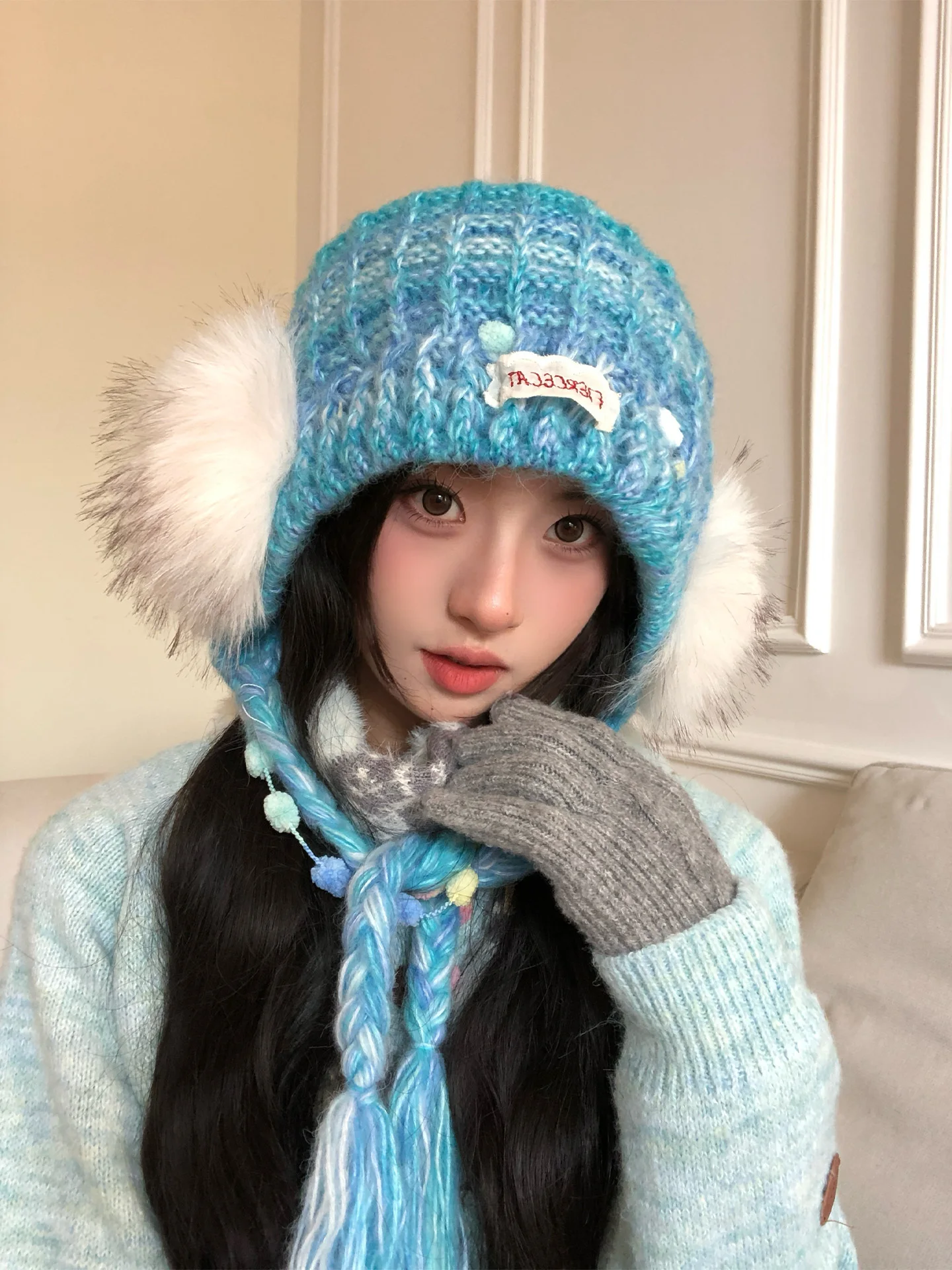 Korean Style Knitted Gradient Furry Hat Women's Autumn Winter Fashion Ear Protection Belted Cap Casual round Top No Brim Fold...