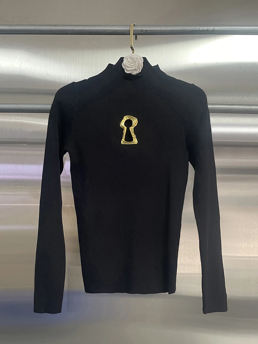 GALCAUR Solido Impiombato Scava Fuori Maglione Femminile O Collo Manica Lunga Allentato Casual Pigro Maglioni da Donna Moda Autunno Nuovo Stile