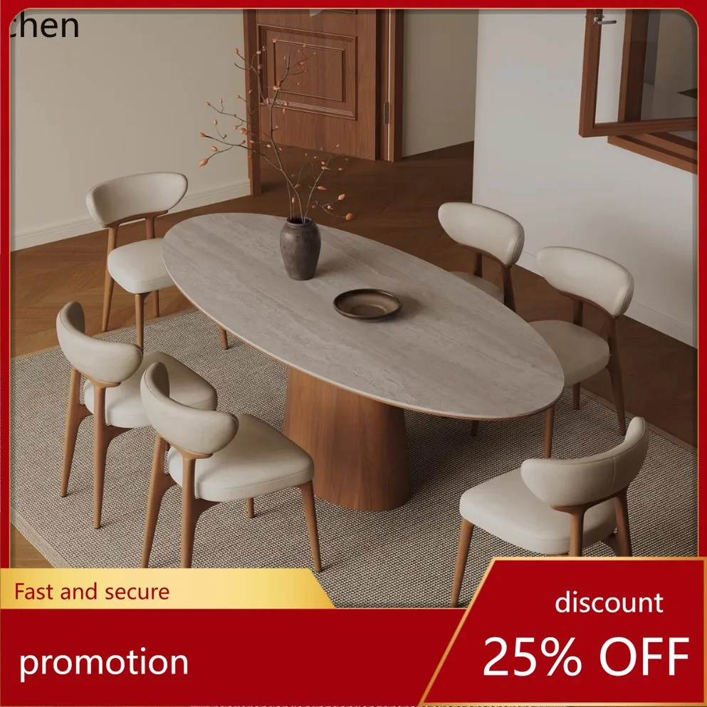 CZ Retro Wind Cave Stone Plate Dining Table for Large Apartments, Living Room Household Oval Rectangular Solid Wood Dining Table