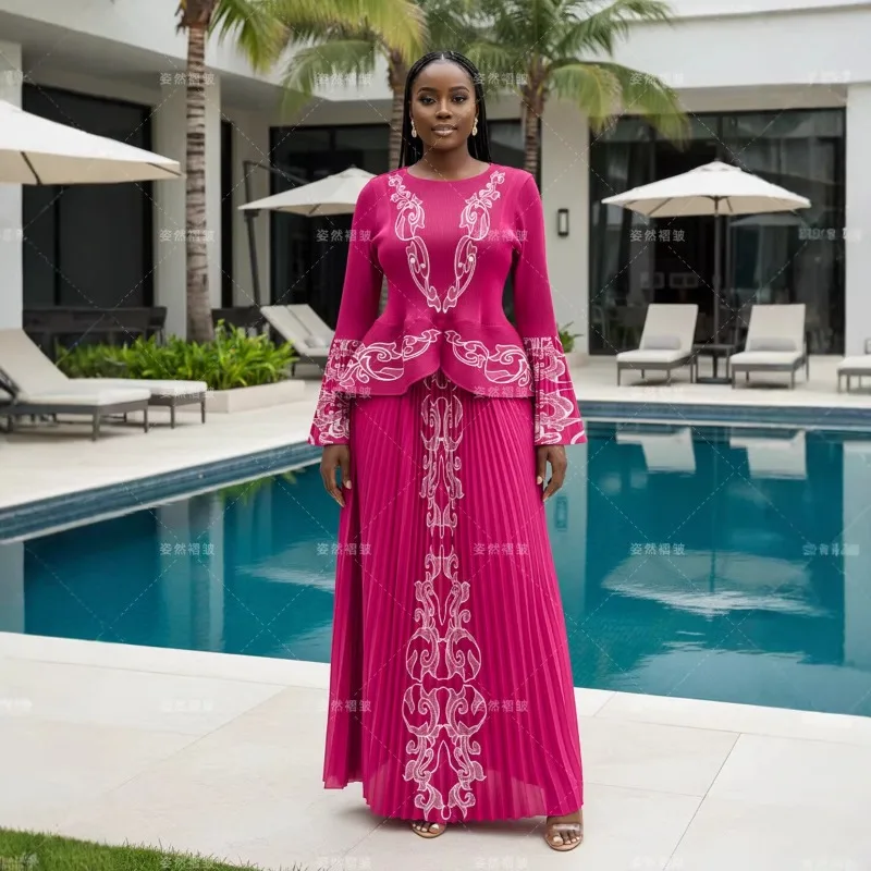 

Miyake 2026 New Pleated Printed Dress Long Sleeve Top Half Skirt 2 Pieces European Plus Size Women's Stretch Clothing Plisse