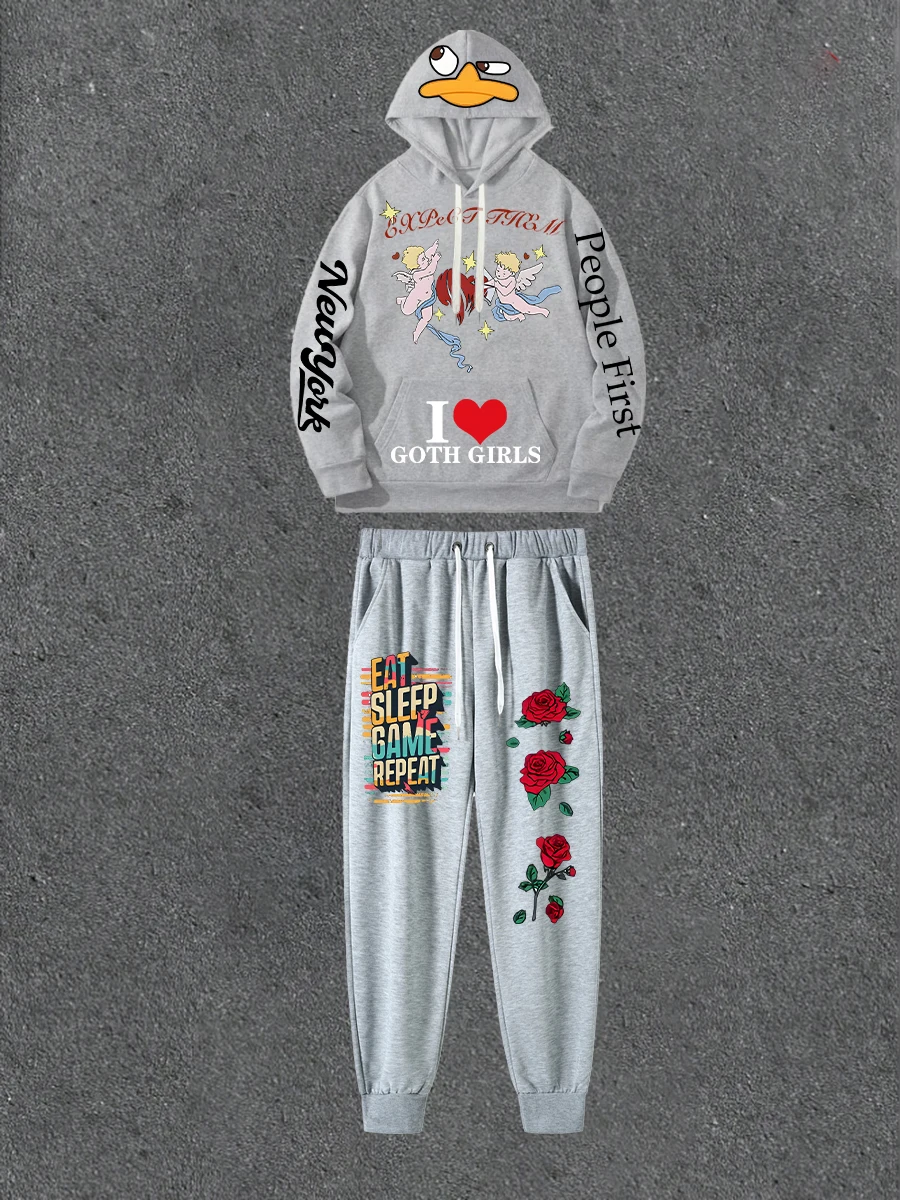 

Серая толстовка с двусторонним принтом в сочетании с повседневными брюками с принтом Свободная толстовка с капюшоном в уличном стиле с повседневными брюками