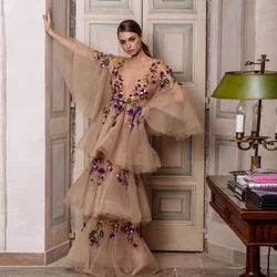 Purple Floral Party Dresses Fashion Deep V-Neck Tiered Pleat Prom Gowns Elegant Sequined Appliques Layered Tulle Evening Dresses