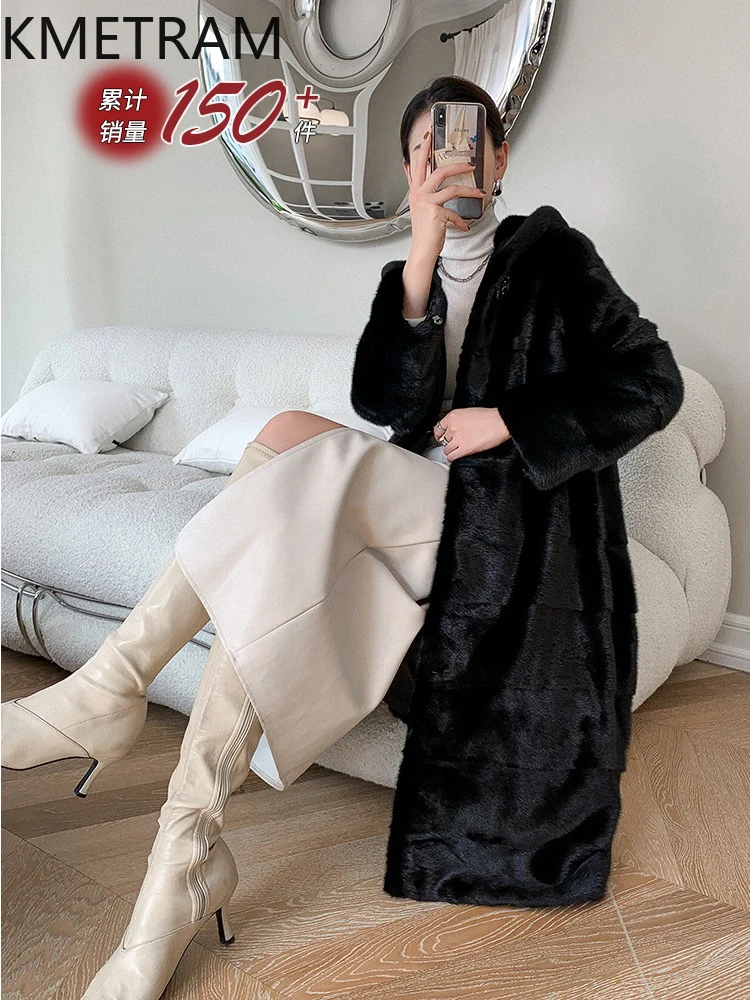 Natural Whole Mink Fur Coat Women with Hood Luxury Black Long Fur Jacket for Winter New in Outerwears Womans Clothing 2025 шуба