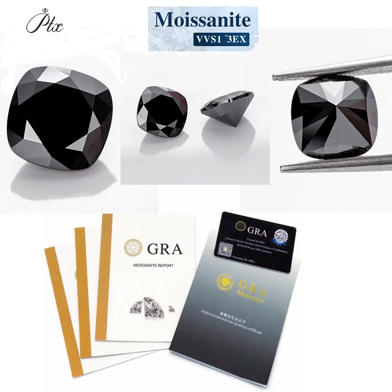 

PTX Black Cushion Cut GRA ODM Moissanite Loose Gemstones Supplier Factory Pass Moissnaite Diamond Tester Supplier Factory