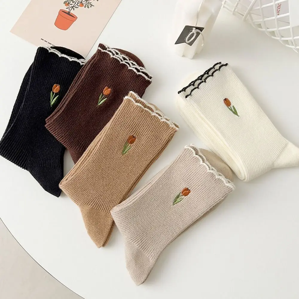 

Socks Floral Embroidery Autumn Kawaii Cute Solid Color Harajuku Vintage Crew Socks